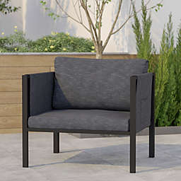 Emma + Oliver Adelina Indoor Outdoor Patio Lounge Chair, Black Steel Framed Club Chair with Charcoal Cushions and 2 Storage Pockets