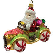 Santa Claus Riding in Candy Dessert Car Polish Glass Christmas Tree Ornament