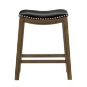 Lexicon 24"H Solid Wood Leather Upholstery Saddle Stool with Nailhead Trim, Brown Finish - Black Seat