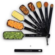 2LB Depot Black Measuring Spoons Set of 7 Includes Bonus Leveler, Premium, Rust Proof, Heavy Duty, Black Plated, Stainless Steel Metal, Narrow, Long Handle Design fits into Spice Jars