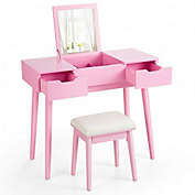 Costway Makeup Vanity Table Set with Flip Top Mirror and 2 Drawers-Pink