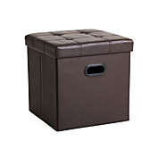 SONGMICS Faux Leather Folding Storage Ottoman Cube Foot Rest Stool Seat with Hole Handle 15" x 15" x 15" Brown