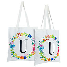 Okuna Outpost Set of 2 Reusable Monogram Letter U Personalized Canvas Tote Bags for Women, Floral Design (29 Inches)