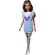 Barbie Fashionistas Doll 121 with Long Brunette Hair and Prosthetic Leg Wearing Sweater Dress and Accessories, for 3 to 8 Year Olds , Blue