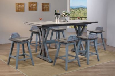 Pilaster Designs Kris 7 Piece Counter Height Dining Set, Distressed Gray & Washed Blue Wood, (Trestle Table & 6 Swivel Bar Stools)