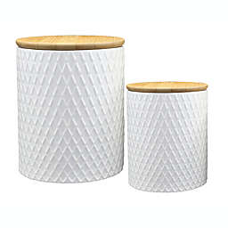 Urban Trends Collection Ceramic Round Canister with Brown Top Lid and Diamond Pattern Design Body Set of Two Coated Finish White
