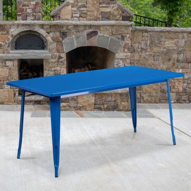 Flash Furniture Charis Commercial Grade 31.5" x 63" Rectangular Blue Metal Indoor-Outdoor Table. View a larger version of this product image.