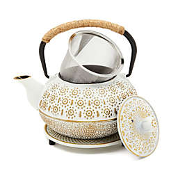 Juvale White Cast Iron Japanese Teapot with Handle, Infuser, and Trivet (800 ml, 27 oz)