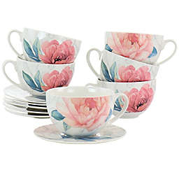 Martha Stewart 12 Piece Ceramic Flora 18 Ounce Cup and Saucer Set in White