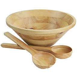 Martha Stewart Coban 3 Piece Rubber Wood Salad Bowl and Servers in Light Brown