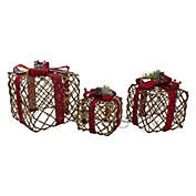 Northlight Set of 3 LED Rustic Rattan Christmas Gift Boxes with Pinecones