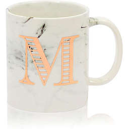 Juvale Rose Gold Letter M Monogram Mug, White Marble Ceramic Coffee Cup (11 oz)