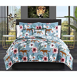 Chic Home Orithia 3 Piece Reversible Quilt Set Tropical Floral Leopard Print Bedding - Decorative Pillow Sham Included - Twin 66x90