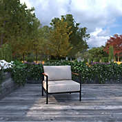 Merrick Lane Eastport Outdoor Accent Chair with Removable Beige Fabric Cushions and Black Teak Accented Aluminum Frame