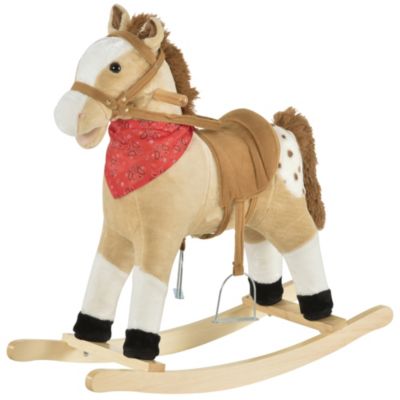Qaba Kids Plush Ride-On Rocking Horse Toy Cowboy Rocker with Fun Realistic Sounds for Child 3-6 Years Old, Beige