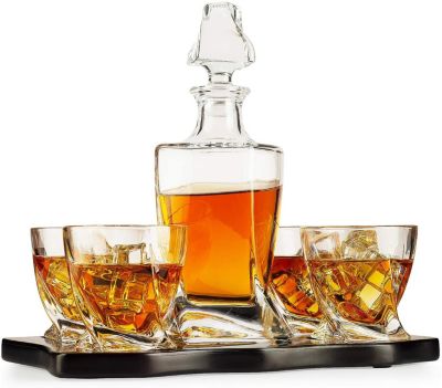 34 Oz Square Glass Decanter With 4 10.5 Oz Whiskey Glasses With Western Designs 