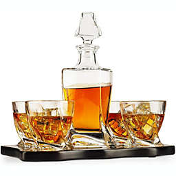 European Style Whiskey and Wine Twist Spiral Decanter with 4 Glasses and Wood Tray