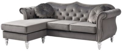 Passion Furniture Hollywood 81 in. Dark Gray Velvet Chesterfield Sectional Sofa with 2-Throw Pillow