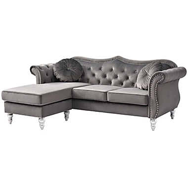 Passion Furniture Hollywood 81 in. Dark Gray Velvet Chesterfield Sectional Sofa with 2-Throw Pillow. View a larger version of this product image.