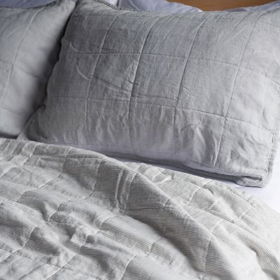 100% French Linen Box Stitch Quilt & Sham Set - Full/Queen - Pebble Heather/Pinstripe   BOKSER HOME