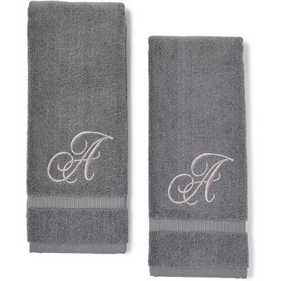 Juvale Monogrammed Hand Towel, Embroidered Letter A (16 x 30 in, Grey, Set of 2)