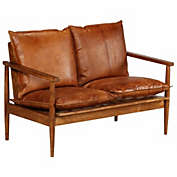 Stock Preferred 2-Seater Real Leather Sofa with Acacia Wood in Brown