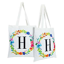 Okuna Outpost Set of 2 Reusable Monogram Letter H Personalized Canvas Tote Bags for Women, Floral Design (29 Inches)