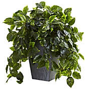 Nearly Natural Indoor/Outdoor Hanging Pothos with Slate Planter, UV Resistant