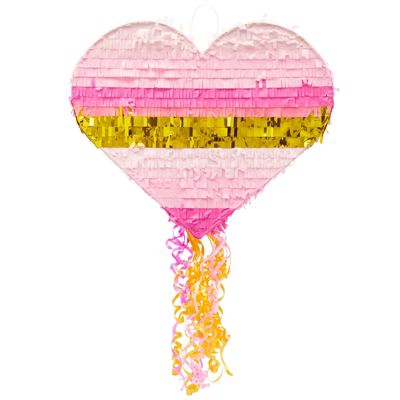 Sparkle and Bash Small Heart Pull String Pinata for Rainbow Birthday Party Decorations, Pink and Gold Ombre (15.7 x 13 x 3 In)