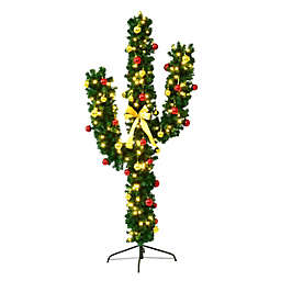 Costway 5 Feet Pre-Lit Cactus Artificial Christmas Tree w/ LED Lights and Ball Ornaments