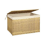 SONGMICS Storage Basket with Lid, Rattan-Style Storage Trunk with Cotton Liner and Handles, for Bedroom Closet Laundry Room, 29.9 x 17.1 x 18.1 Inches, Natural