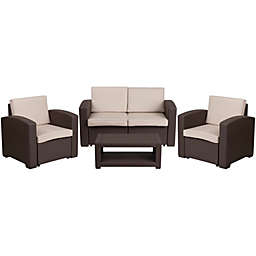 Emma and Oliver 4PC Chocolate Brown Outdoor Faux Rattan Chair,Loveseat & Table Set