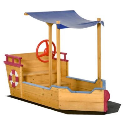 Outsunny Kids Wooden Sandbox Play Station, Covered Children Sand boat Outdoor, for Backyard, w/ Canopy Shade, Storage Bench, Bottom Liner, Aged 3-8 Years Old, Orange