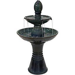 Sunnydaze 2-Tier Outdoor Ceramic Water Fountain with LED Lights - 38-Inch