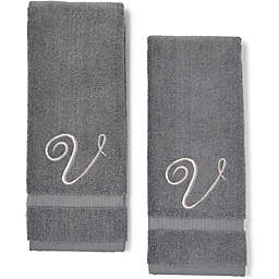 Juvale Monogrammed Hand Towels, Letter V Embroidered Gift (16 x 30 in, Grey, Set of 2)