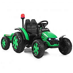 Costway 2 in 1 Electric 12V Kids Ride on Car Tractor with Remote Control LED Light Horn-Green