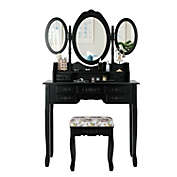 Slickblue 7 Drawer Tri-Folding Mirror Dressing Vanity Makeup Set-Black