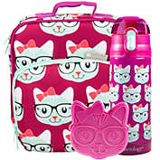 Bentology Kids Lunch Bag Set (Kitty)- Includes Padded, Insulated Tote,Reusable Hard Ice Pack & Insulated Stainless Steel Water Bottle