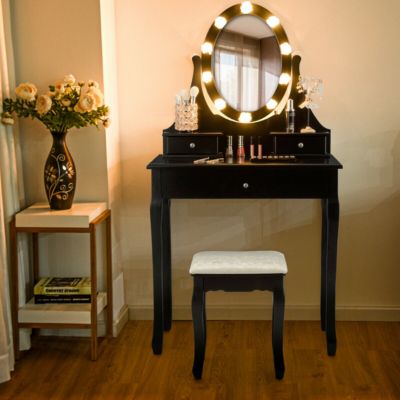 Gymax Bedroom Vanity Set Makeup Dressing Table w/3 Drawers 10 LED Bulb Black