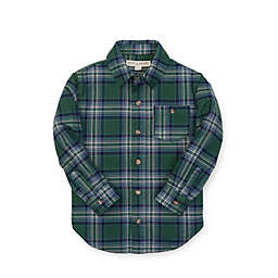Hope & Henry Boys' Brushed Flannel Button Down Shirt (Windowpane Green & Blue Stripe, 18-24 Months)