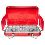 Hike Crew Gas Camping Stove   20,000 BTU Portable Propane 2 Burner Stovetop   Integrated Igniter & Stainless Steel Drip Tray   Built-in Carrying Handle, Foldable Legs, Wind Panels   Includes Regulator