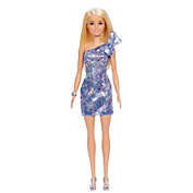 Barbie Blonde Hair Blue Eyes with Short Blue Sequins Mini Dress and Silver Platform Shoes