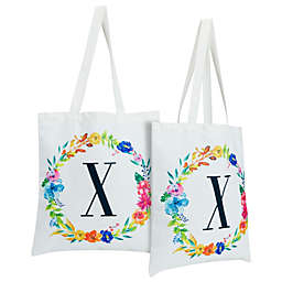 Okuna Outpost Set of 2 Reusable Monogram Letter X Personalized Canvas Tote Bags for Women, Floral Design (29 Inches)