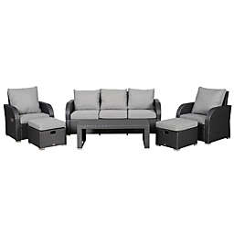 Outsunny 6-Piece Outdoor Rattan Patio Sectional Sofa Set with 3-Seat Couch, 2 Recliners, 2 Ottoman Footrests, & Coffee Table Conversation Set, Grey