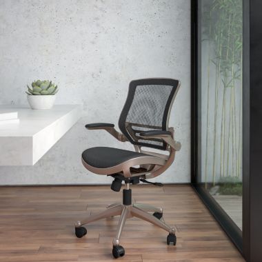 Emma + Oliver Mid-Back Black Mesh Executive Swivel Flip-Up Arm Office Chair Gold Frame. View a larger version of this product image.