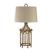 Contemporary Home Living 32.25" Gold Leaf Birdcage LED Table Lamp with Off-White Textured Linen Round Hardback Shade