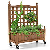 Costway-CA 32in Wood Planter Box with Trellis Mobile Raised Bed for Climbing Plant
