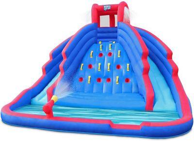 Sunny & Fun Deluxe Inflatable Water Slide Park - Heavy-Duty Nylon Bouncy Station for Outdoor Fun - Climbing Wall, Two Slides & Splash Pool -Easy to Set Up & Inflate with Included Air Pump & Carrying Case