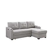 Saltoro Sherpi Leon 83 Inch Sleeper Sectional Sofa, USB Ports and Cupholders, Light Gray-