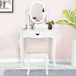 Costway Wooden Vanity Makeup Set with Cushioned Stool and Oval Rotating Mirror